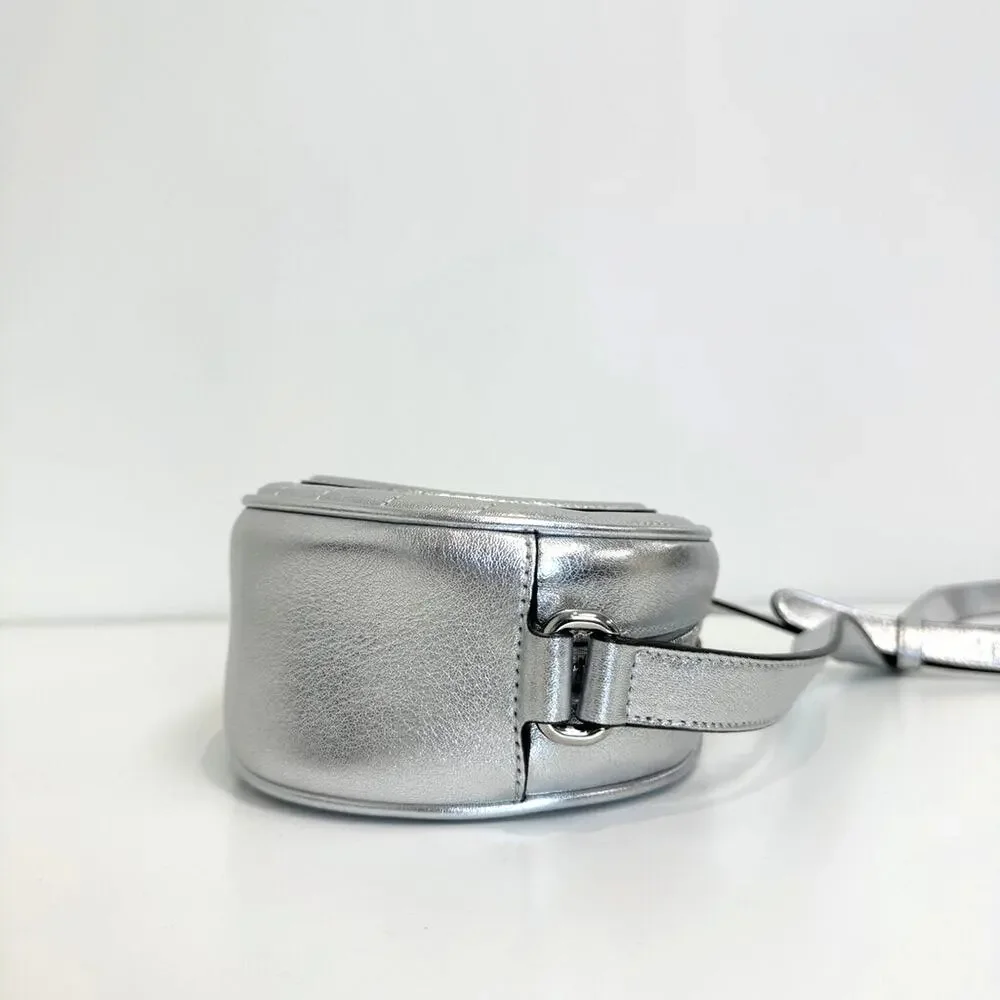 GUCCI Silver Leather GG Logo Oval Blondie Crossbody Bag Metallic Stripe Handbag